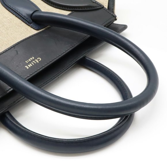 CELINE Luggage Shopper Tote Bag Handbag Linen Leather Beige Black Navy 165212 - Picture 6 of 10